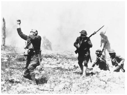 Americans struggling with a poison gas attack during World War I